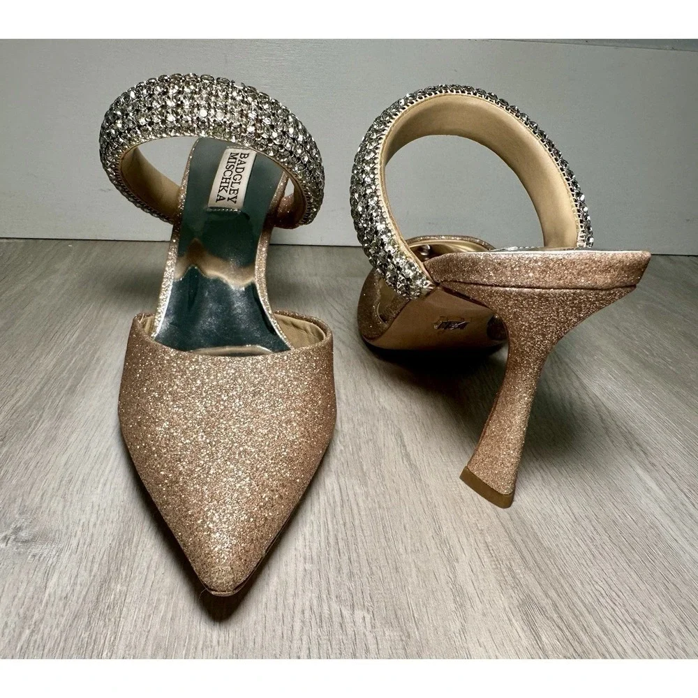 Badgley Mischka Nori Mules Women 8 Rose Gold Excellent Crystal Glitter Heels